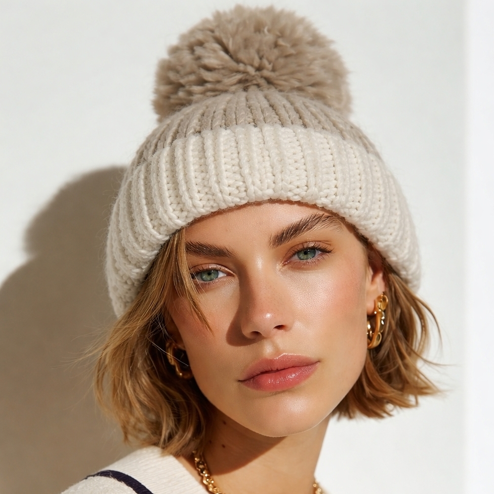 Echi Cream and Tan Pom-Pom Hat